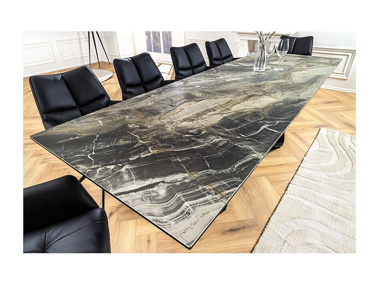 Table de salle à manger ZAREL – Extensible 180 à 260 cm – Céramique et verre trempé – Aspect marbre gris taupe