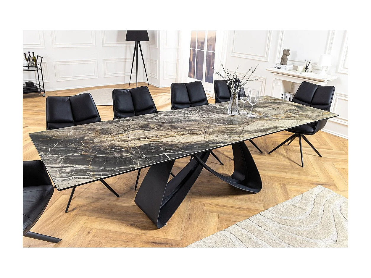 Table de salle à manger ZAREL – Extensible 180 à 260 cm – Céramique et verre trempé – Aspect marbre gris taupe