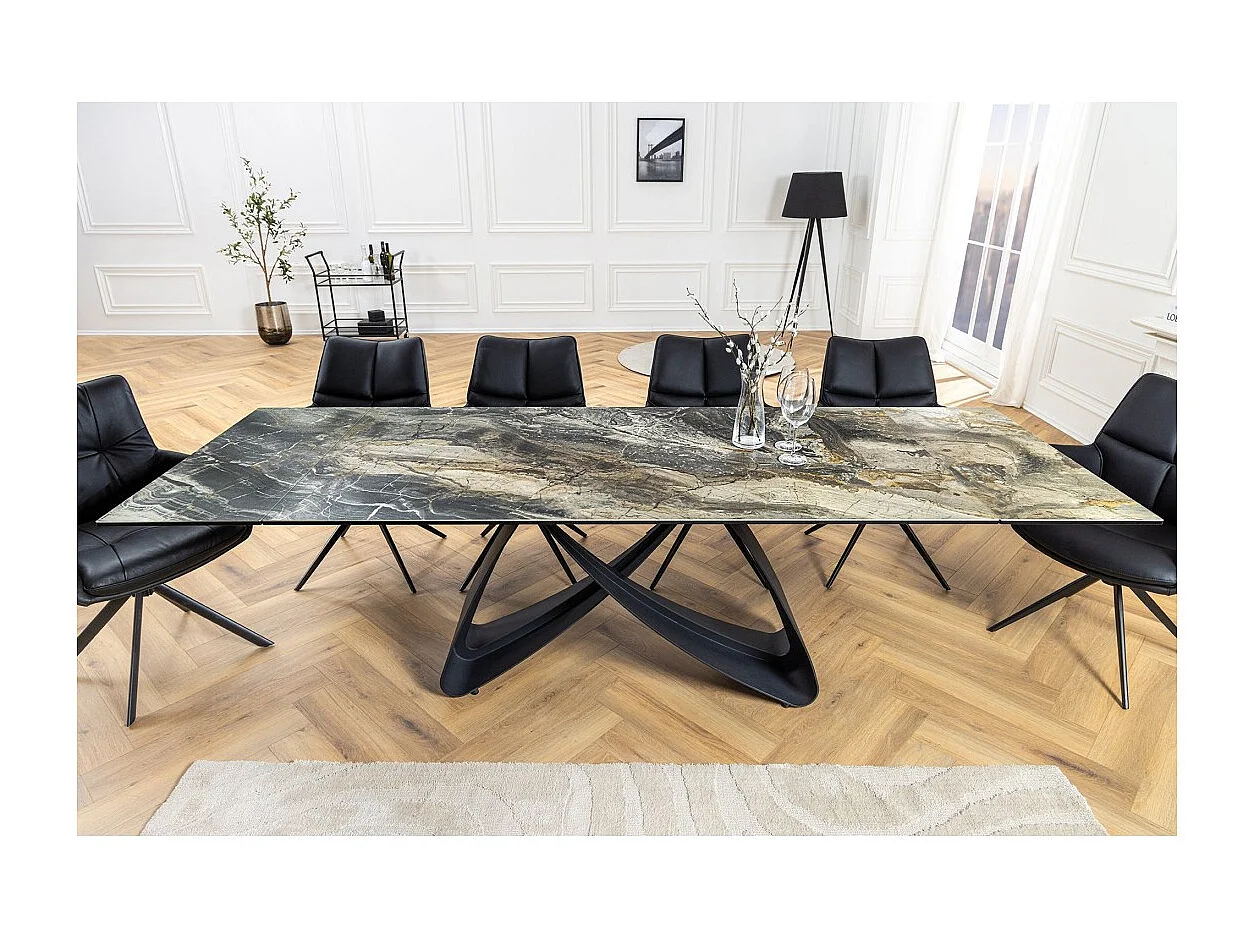 Table de salle à manger ZAREL – Extensible 180 à 260 cm – Céramique et verre trempé – Aspect marbre gris taupe