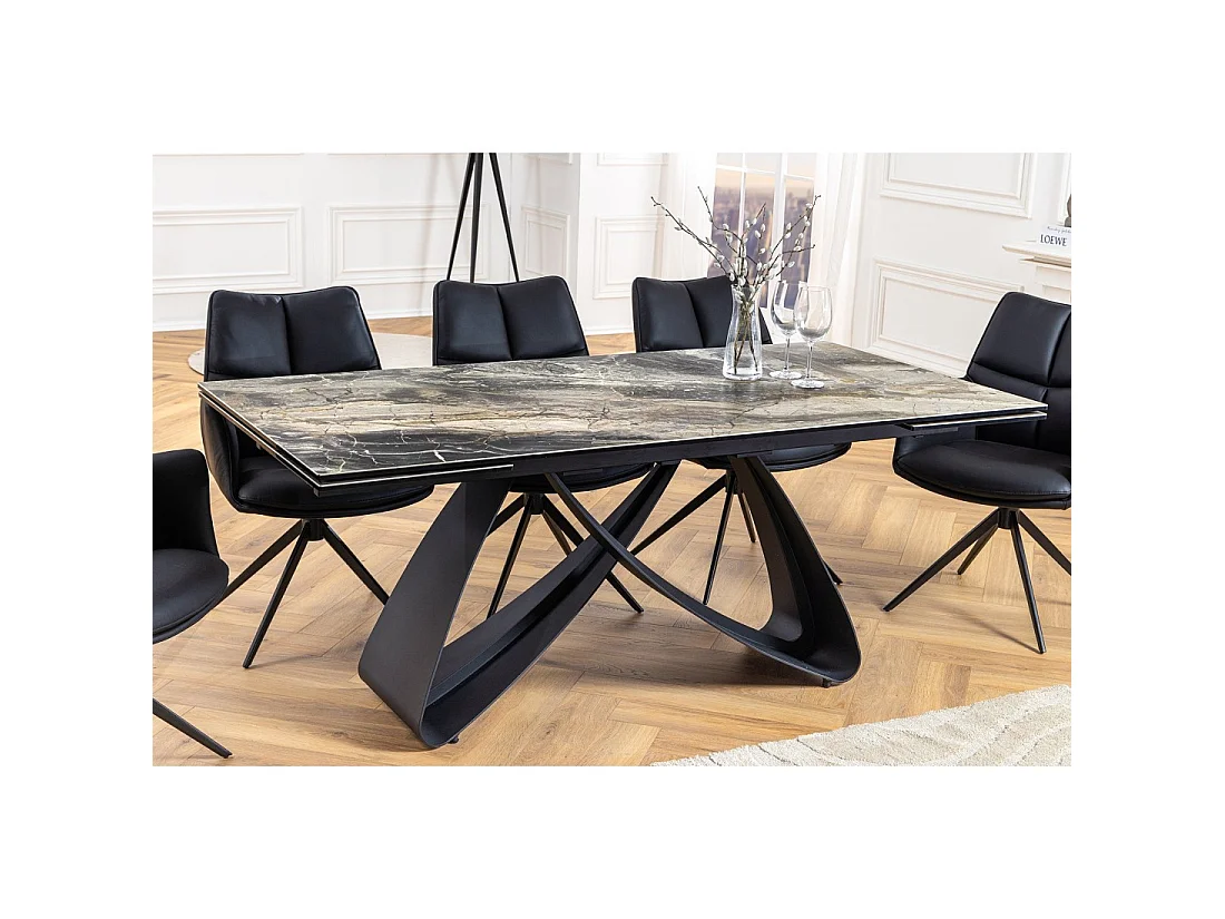 Mesa de comedor ZAREL – Extensible de 180 a 260 cm – Cerámica y vidrio templado – Aspecto mármol gris topo