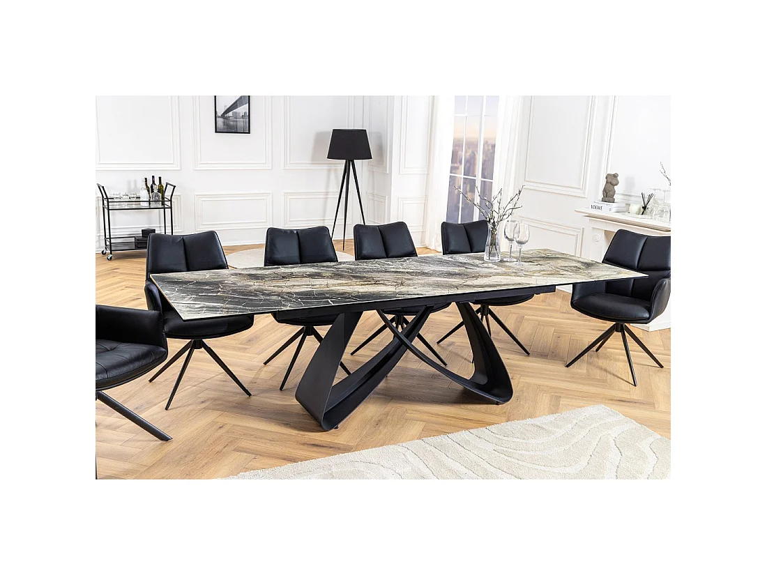 Mesa de comedor ZAREL – Extensible de 180 a 260 cm – Cerámica y vidrio templado – Aspecto mármol gris topo