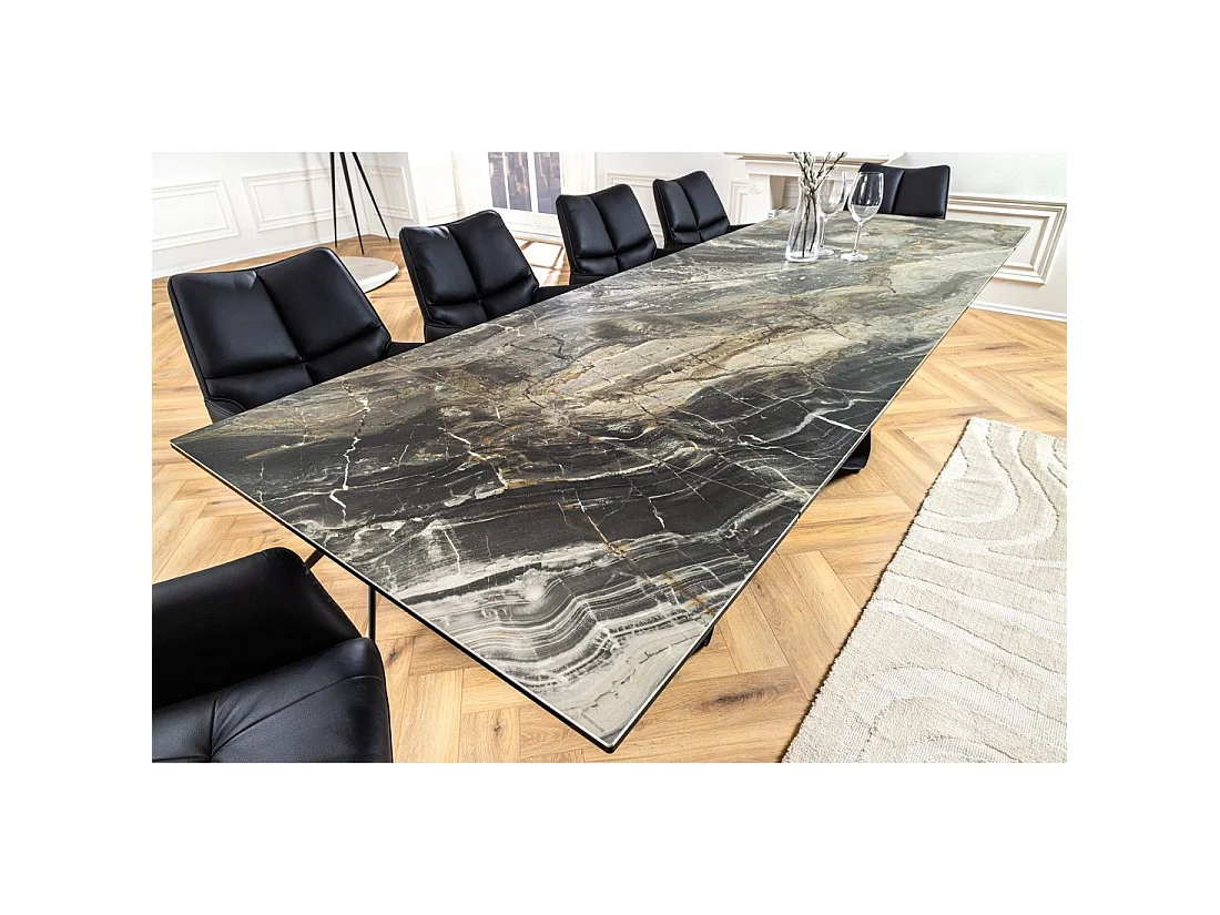 Mesa de comedor ZAREL – Extensible de 180 a 260 cm – Cerámica y vidrio templado – Aspecto mármol gris topo