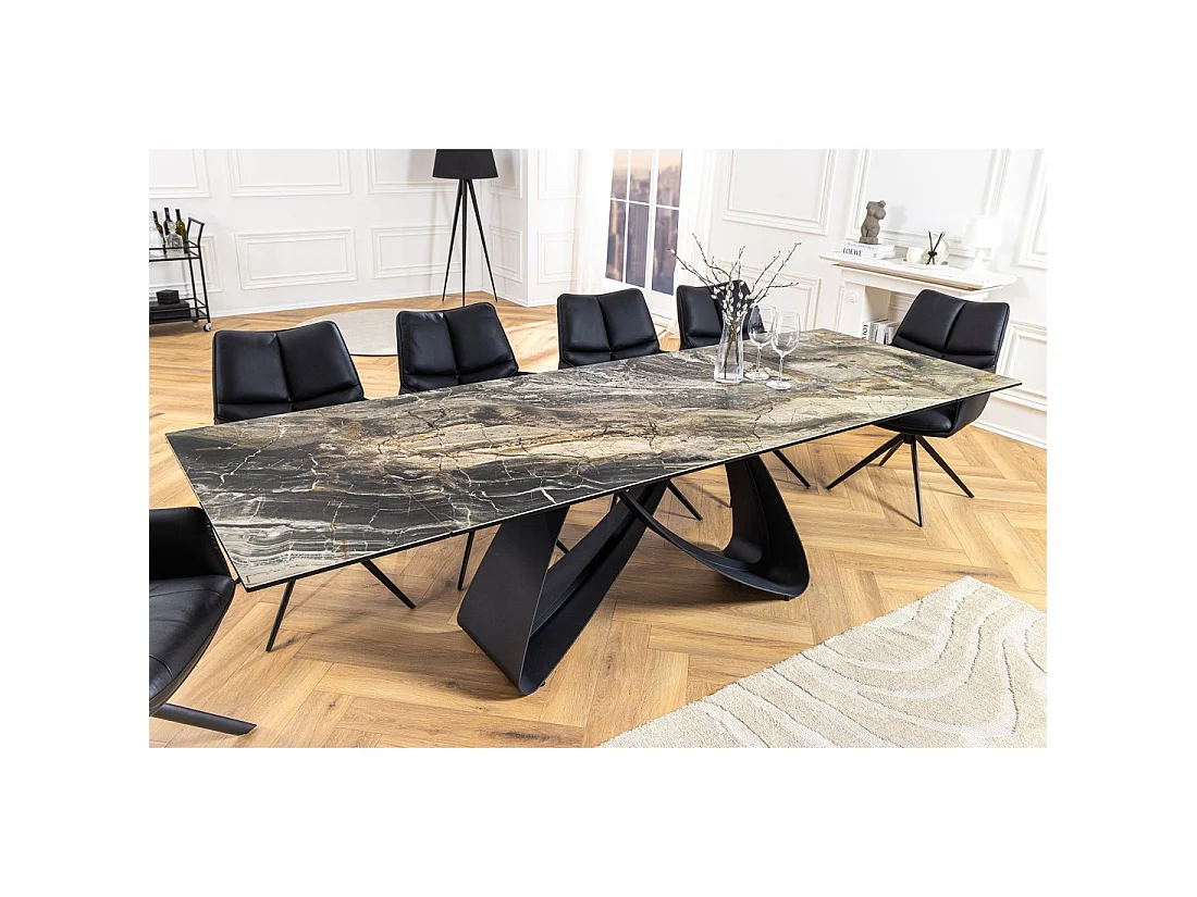 Mesa de comedor ZAREL – Extensible de 180 a 260 cm – Cerámica y vidrio templado – Aspecto mármol gris topo