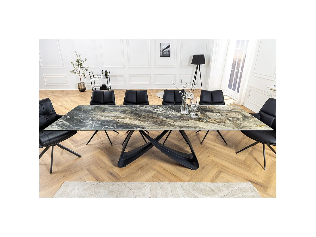 Mesa de comedor ZAREL – Extensible de 180 a 260 cm – Cerámica y vidrio templado – Aspecto mármol gris topo