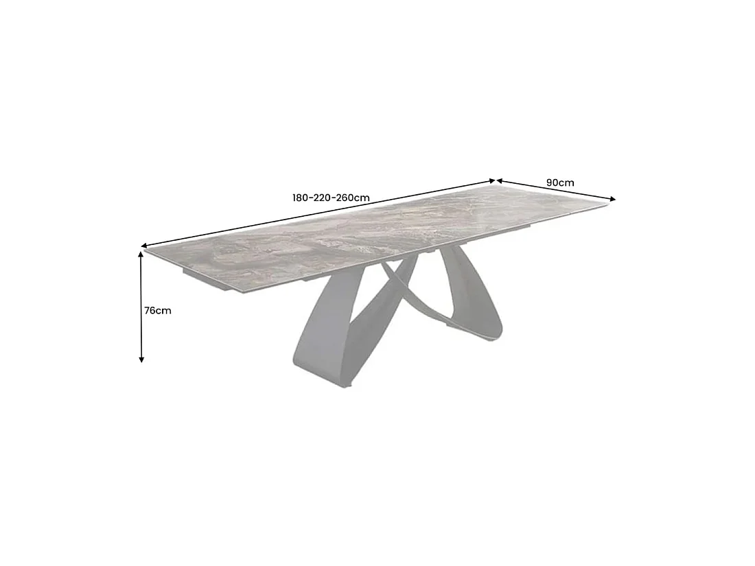 Mesa de comedor ZAREL – Extensible de 180 a 260 cm – Cerámica y vidrio templado – Aspecto mármol gris topo