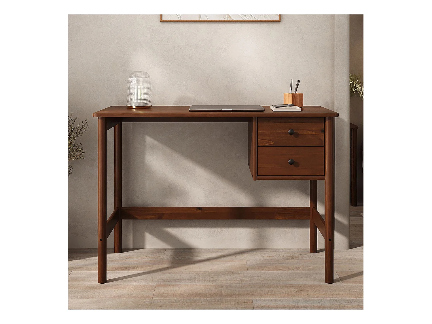Bureau MARLO H 76 cm avec 2 Tiroirs en Bois Massif Coloris Châtaignier, Bureau Droit avec Rangement Intégré