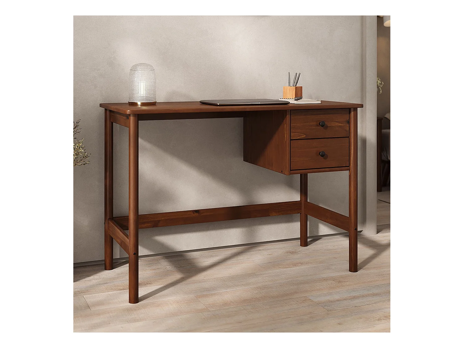 Bureau MARLO H 76 cm avec 2 Tiroirs en Bois Massif Coloris Châtaignier, Bureau Droit avec Rangement Intégré