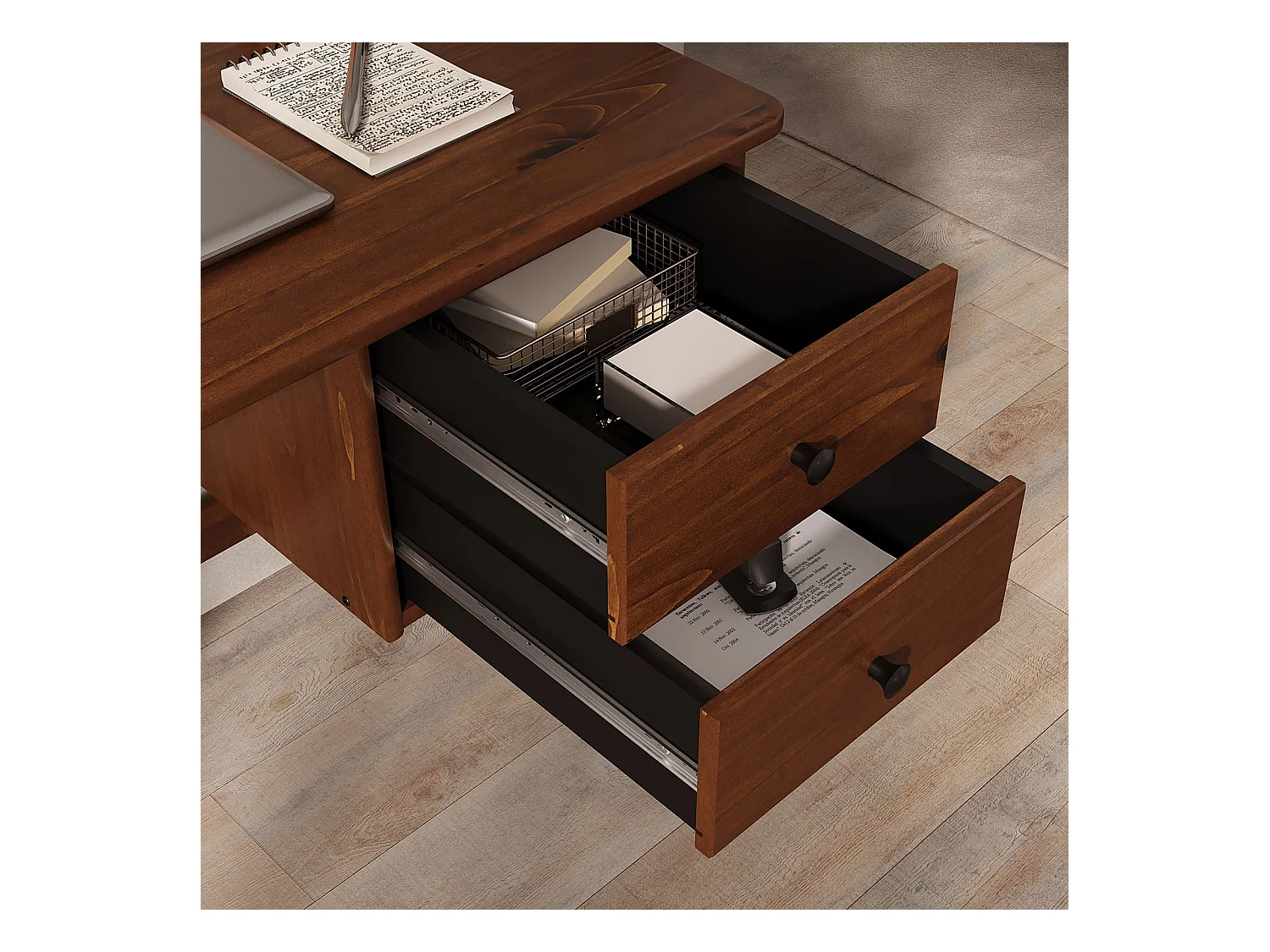 Bureau MARLO H 76 cm avec 2 Tiroirs en Bois Massif Coloris Châtaignier, Bureau Droit avec Rangement Intégré