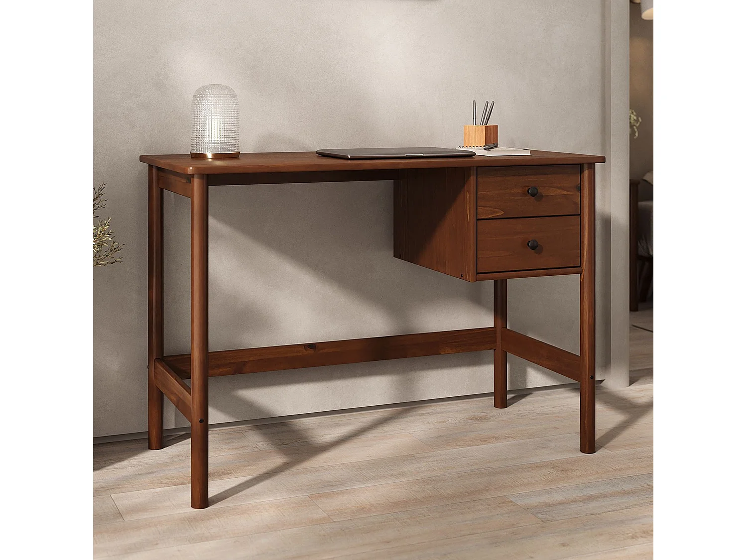 Bureau MARLO H 76 cm avec 2 Tiroirs en Bois Massif Coloris Châtaignier, Bureau Droit avec Rangement Intégré