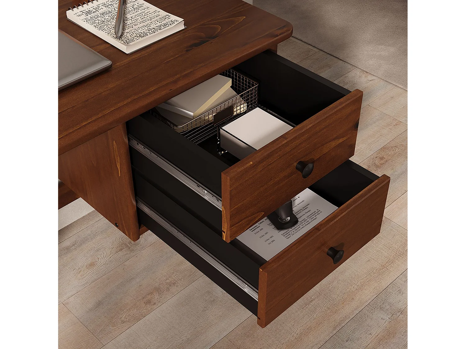 Bureau MARLO H 76 cm avec 2 Tiroirs en Bois Massif Coloris Châtaignier, Bureau Droit avec Rangement Intégré