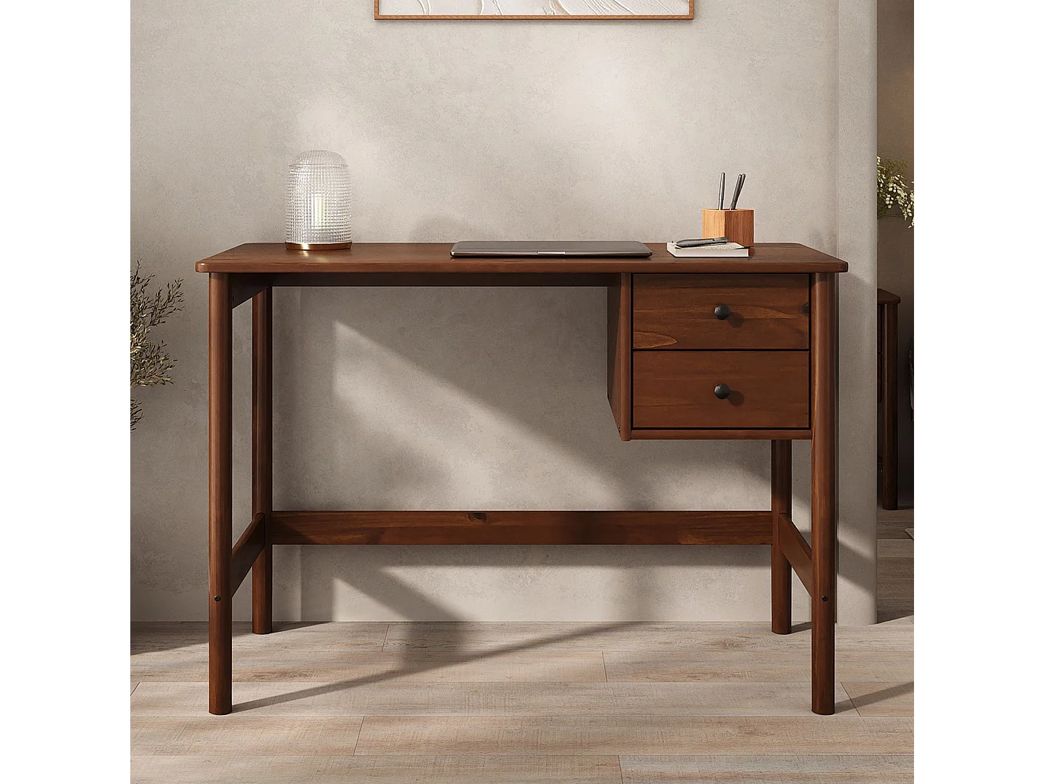 Bureau MARLO H 76 cm avec 2 Tiroirs en Bois Massif Coloris Châtaignier, Bureau Droit avec Rangement Intégré