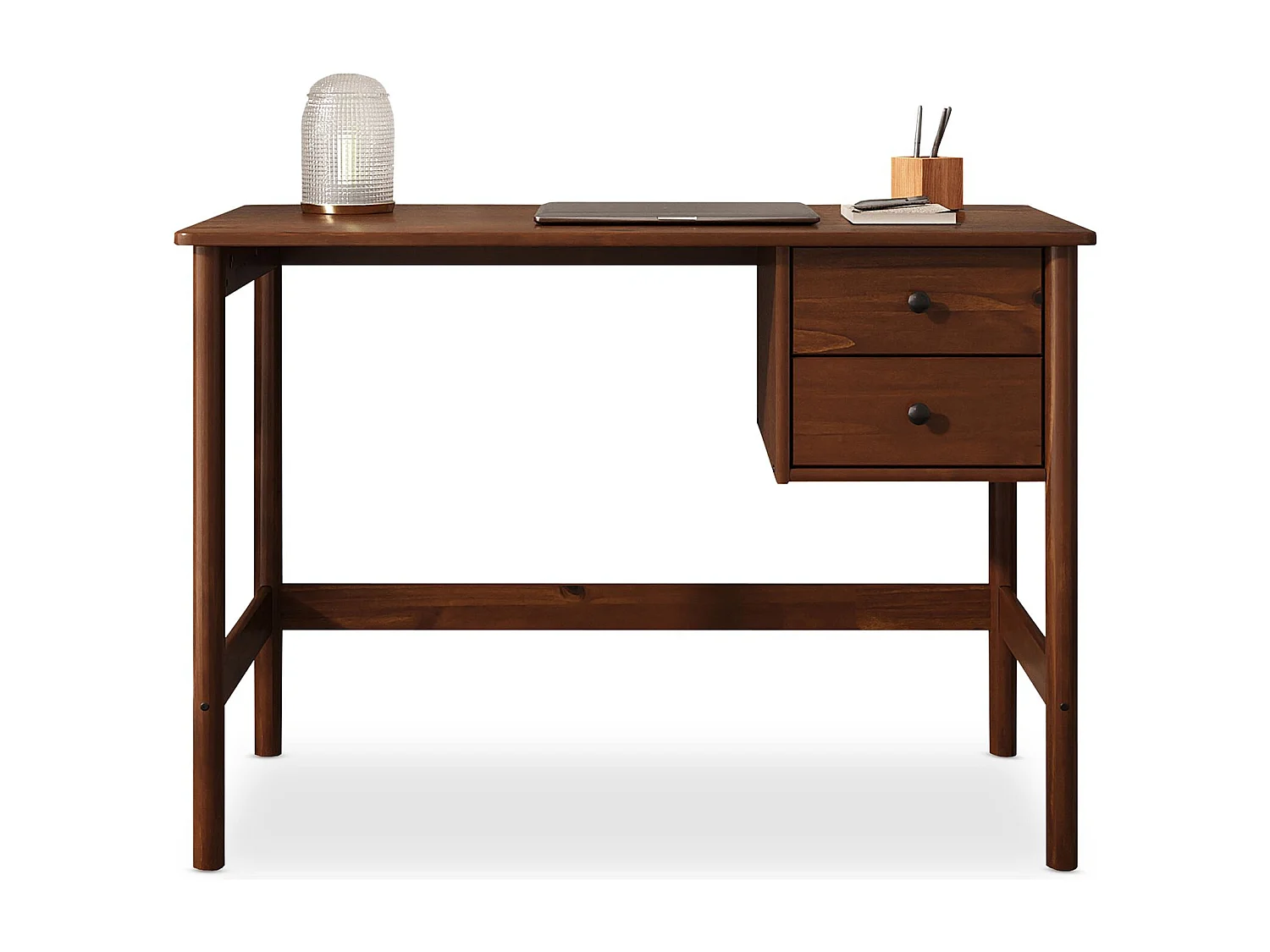 Bureau MARLO H 76 cm avec 2 Tiroirs en Bois Massif Coloris Châtaignier, Bureau Droit avec Rangement Intégré