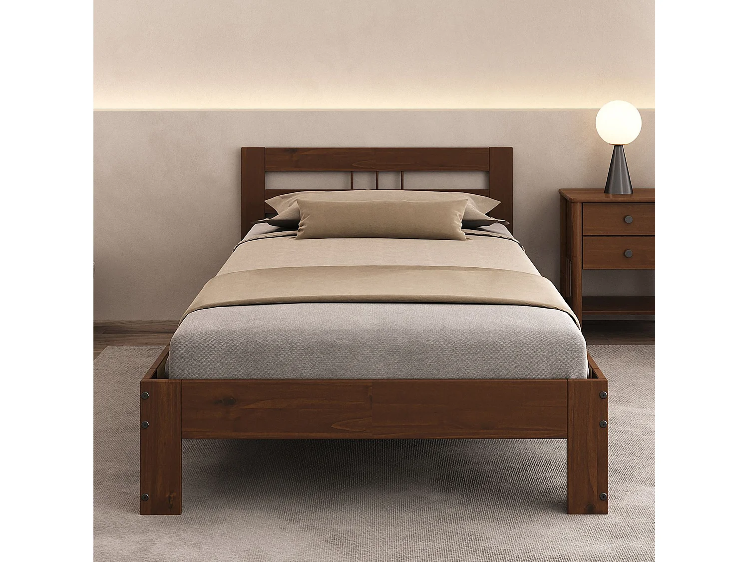 Lit simple THEO 90 x 200 cm lit pour enfant en pin massif coloris châtaignier, avec tête de lit