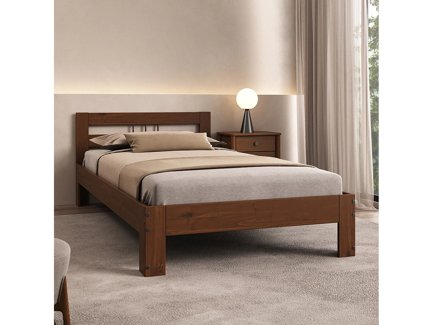 Lit simple THEO 90 x 200 cm lit pour enfant en pin massif coloris châtaignier, avec tête de lit