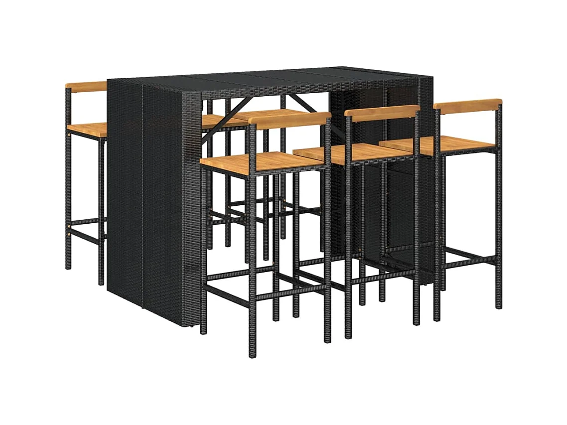 Allouez  Ensemble de bar jardin 7 pcs noir poly rotin/bois massif acacia