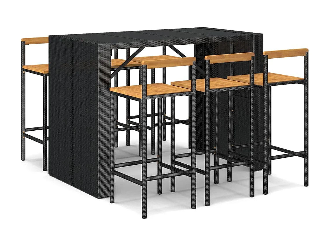 Allouez  Ensemble de bar jardin 7 pcs noir poly rotin/bois massif acacia