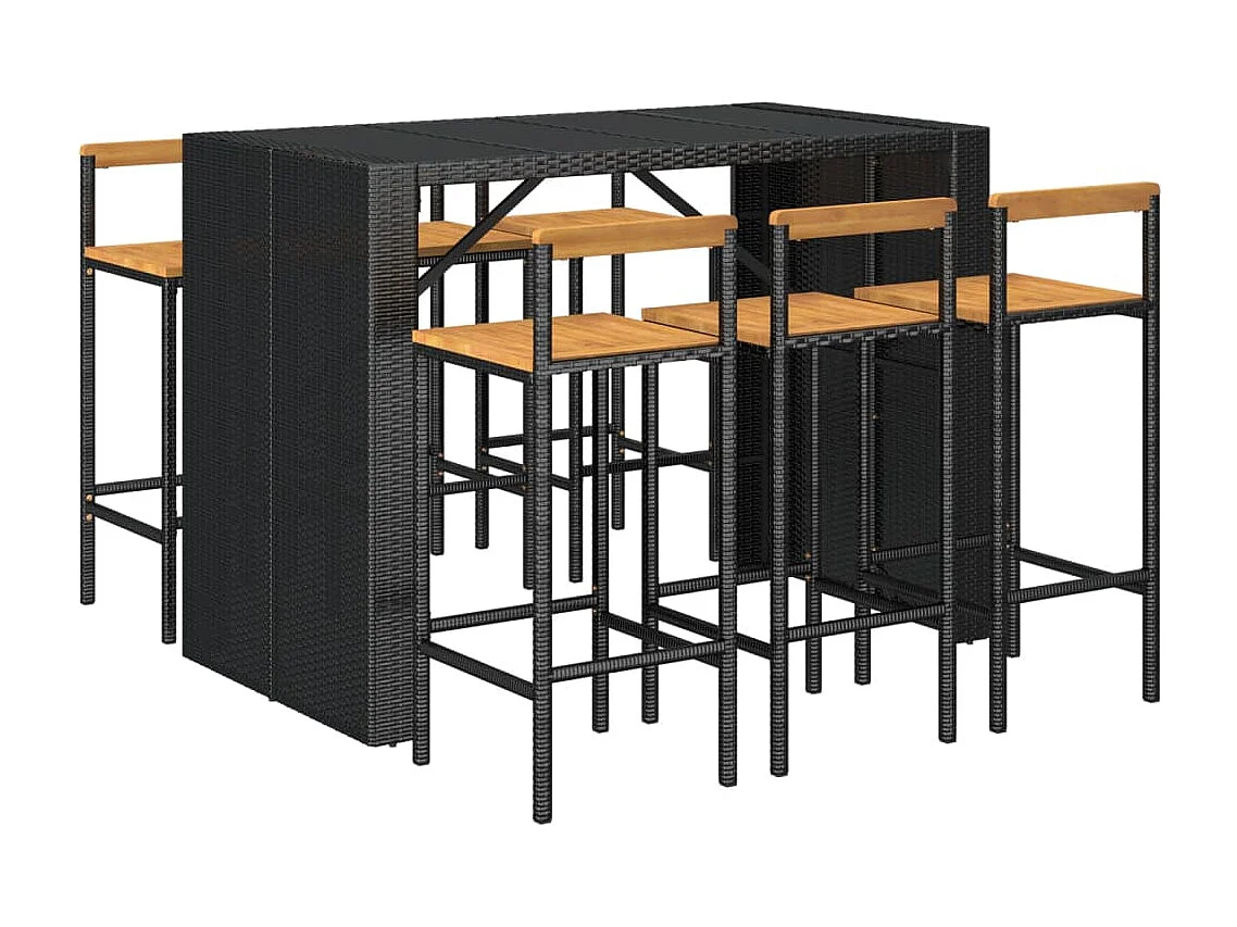 Allouez  Ensemble de bar jardin 7 pcs noir poly rotin/bois massif acacia