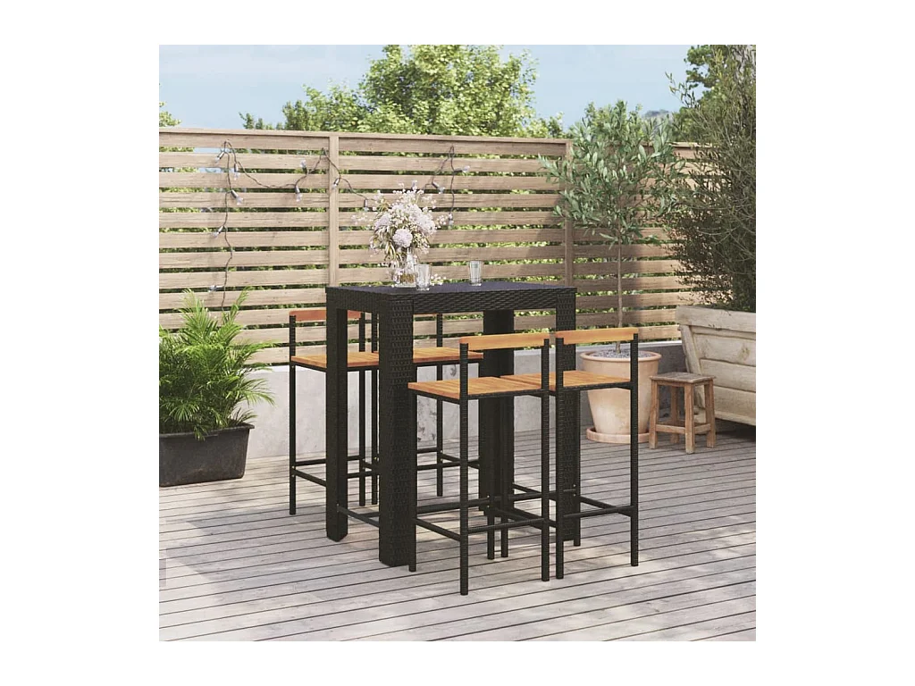 Arvind  Ensemble de bar jardin 5 pcs noir poly rotin/bois massif acacia