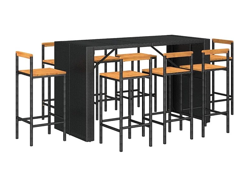 Allouez  Ensemble de bar jardin 9 pcs noir poly rotin/bois massif acacia