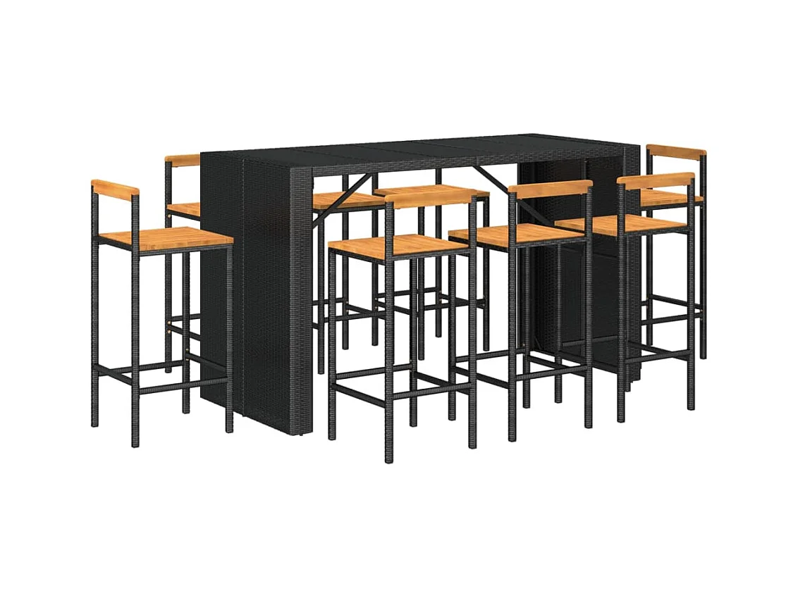 Allouez  Ensemble de bar jardin 9 pcs noir poly rotin/bois massif acacia
