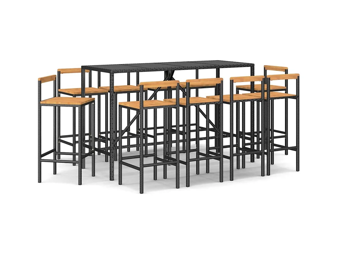 Arcata  Ensemble de bar jardin 11pcs noir poly rotin/bois massif acacia