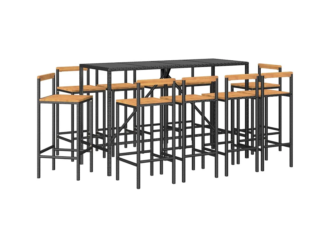 Arcata  Ensemble de bar jardin 11pcs noir poly rotin/bois massif acacia