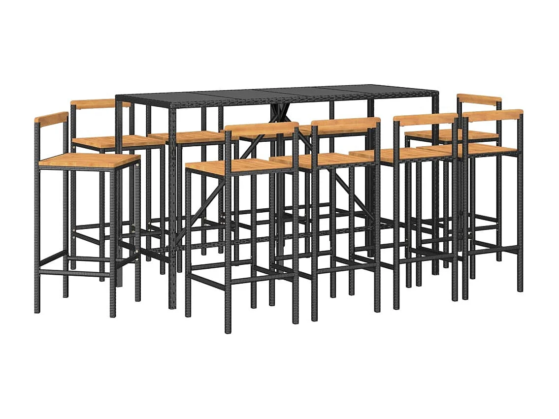 Arcata  Ensemble de bar jardin 11pcs noir poly rotin/bois massif acacia