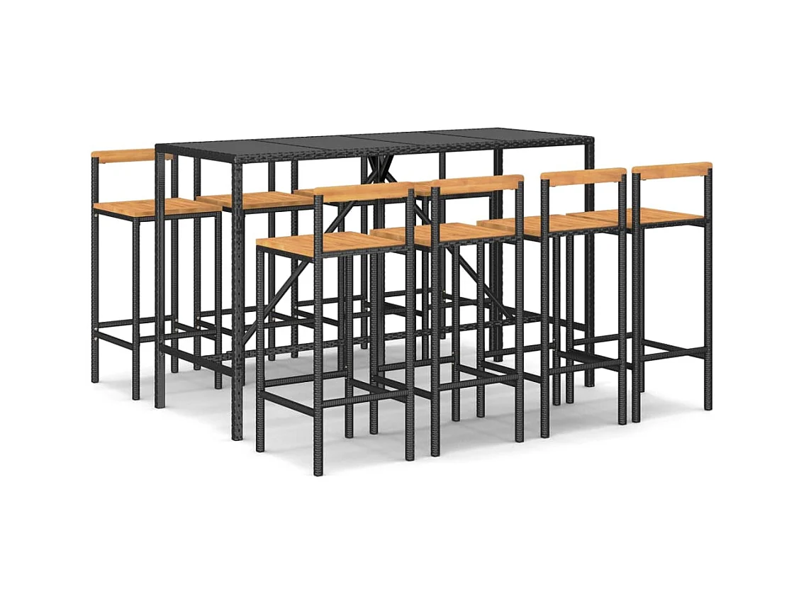 Arcata  Ensemble de bar jardin 9 pcs noir poly rotin/bois massif acacia