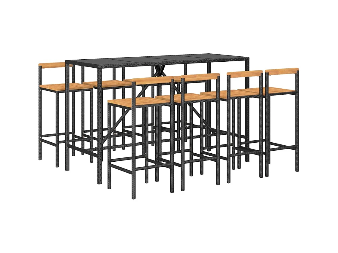 Arcata  Ensemble de bar jardin 9 pcs noir poly rotin/bois massif acacia
