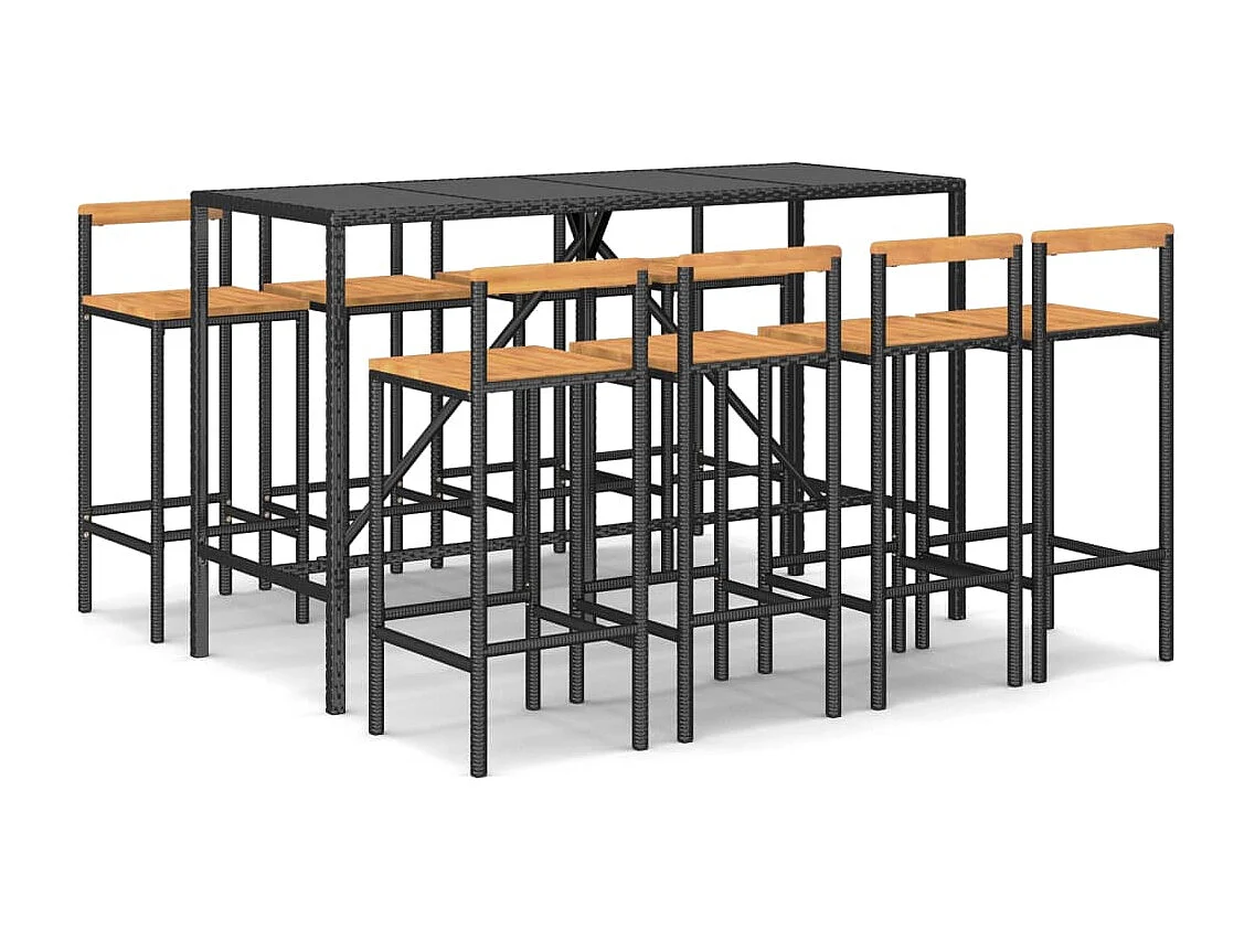 Arcata  Mesa bar y taburetes jardín 9 pzas madera acacia ratán PE negro