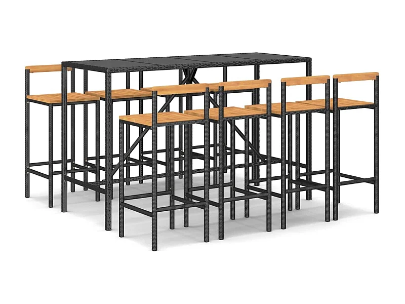 Arcata  Mesa bar y taburetes jardín 9 pzas madera acacia ratán PE negro