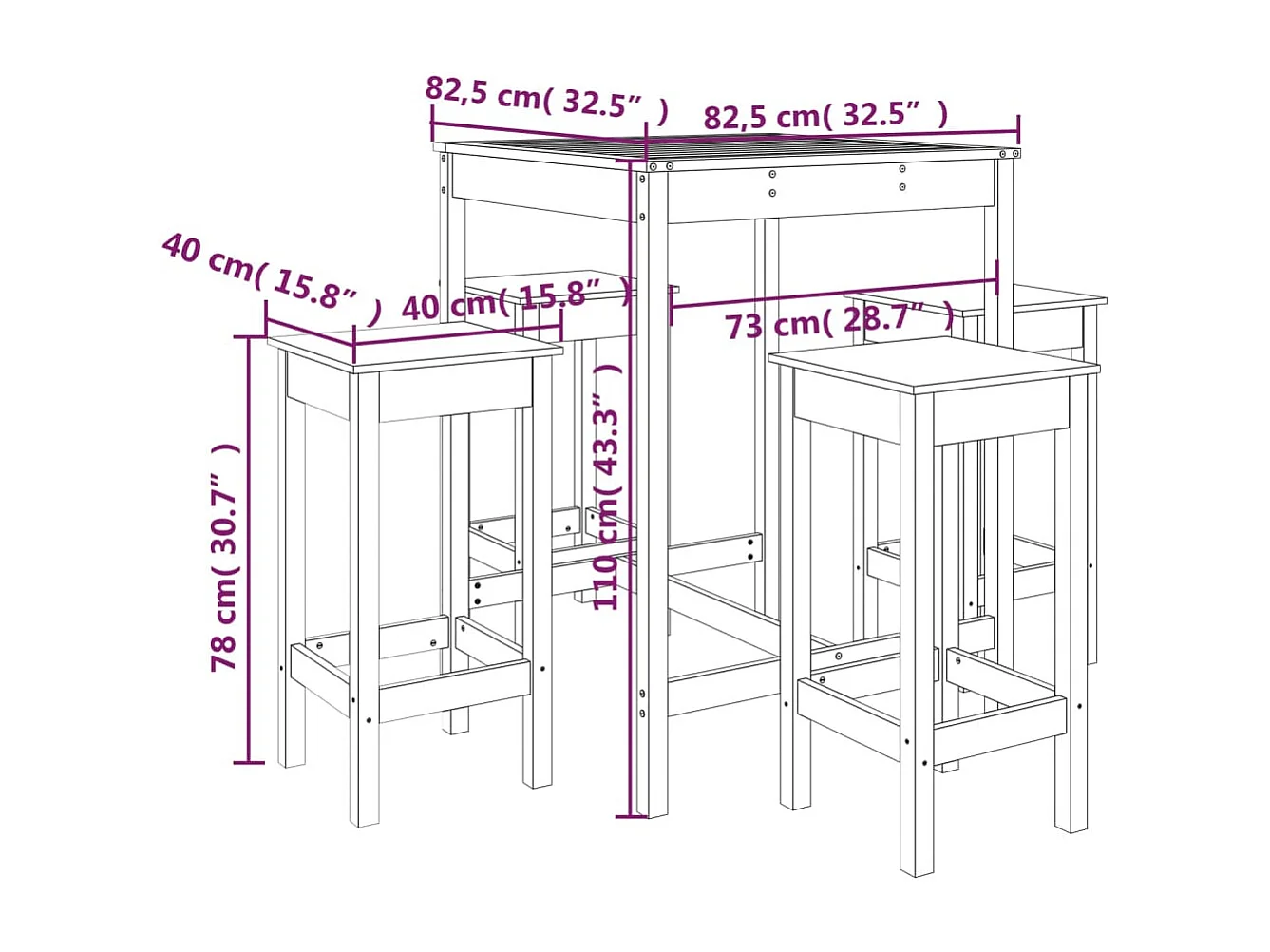 Hendrin  Ensemble de bar de jardin 5 pcs noir bois de pin massif
