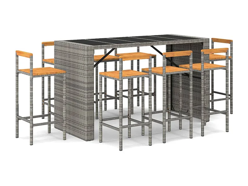 Allouez  Ensemble de bar jardin 7 pcs gris poly rotin/bois massif acacia
