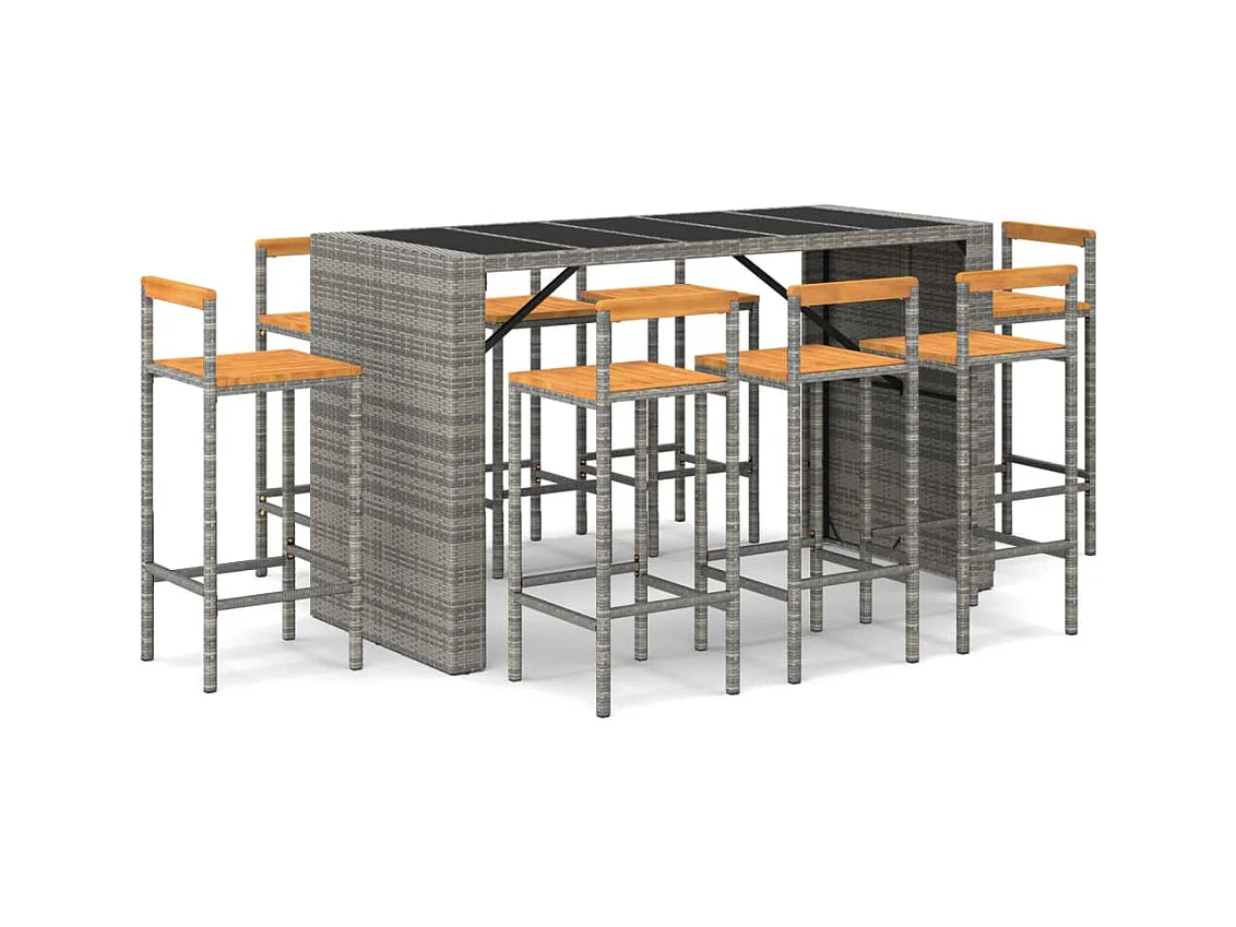 Allouez  Ensemble de bar jardin 7 pcs gris poly rotin/bois massif acacia