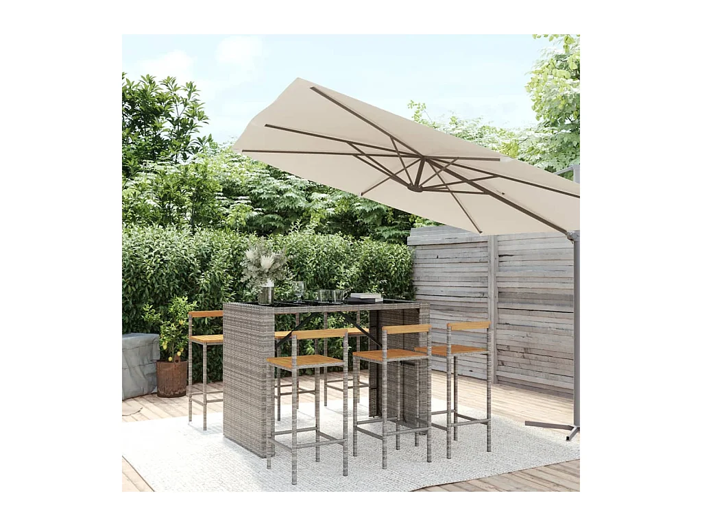 Allouez  Ensemble de bar jardin 7 pcs gris poly rotin/bois massif acacia