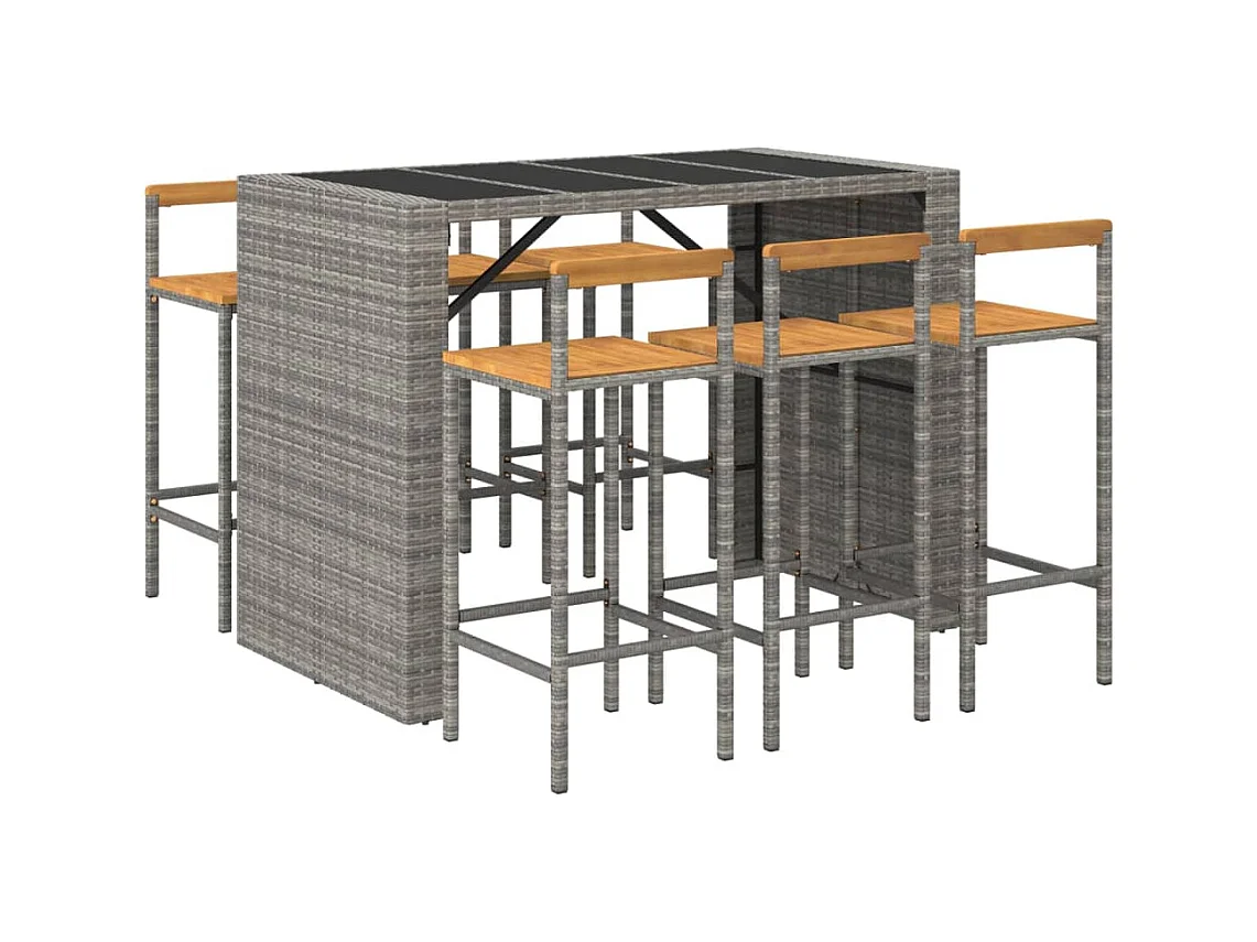 Allouez  Ensemble de bar jardin 7 pcs gris poly rotin/bois massif acacia
