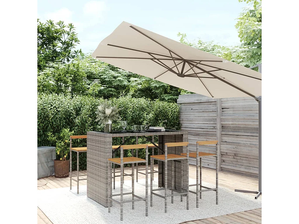Allouez  Ensemble de bar jardin 7 pcs gris poly rotin/bois massif acacia