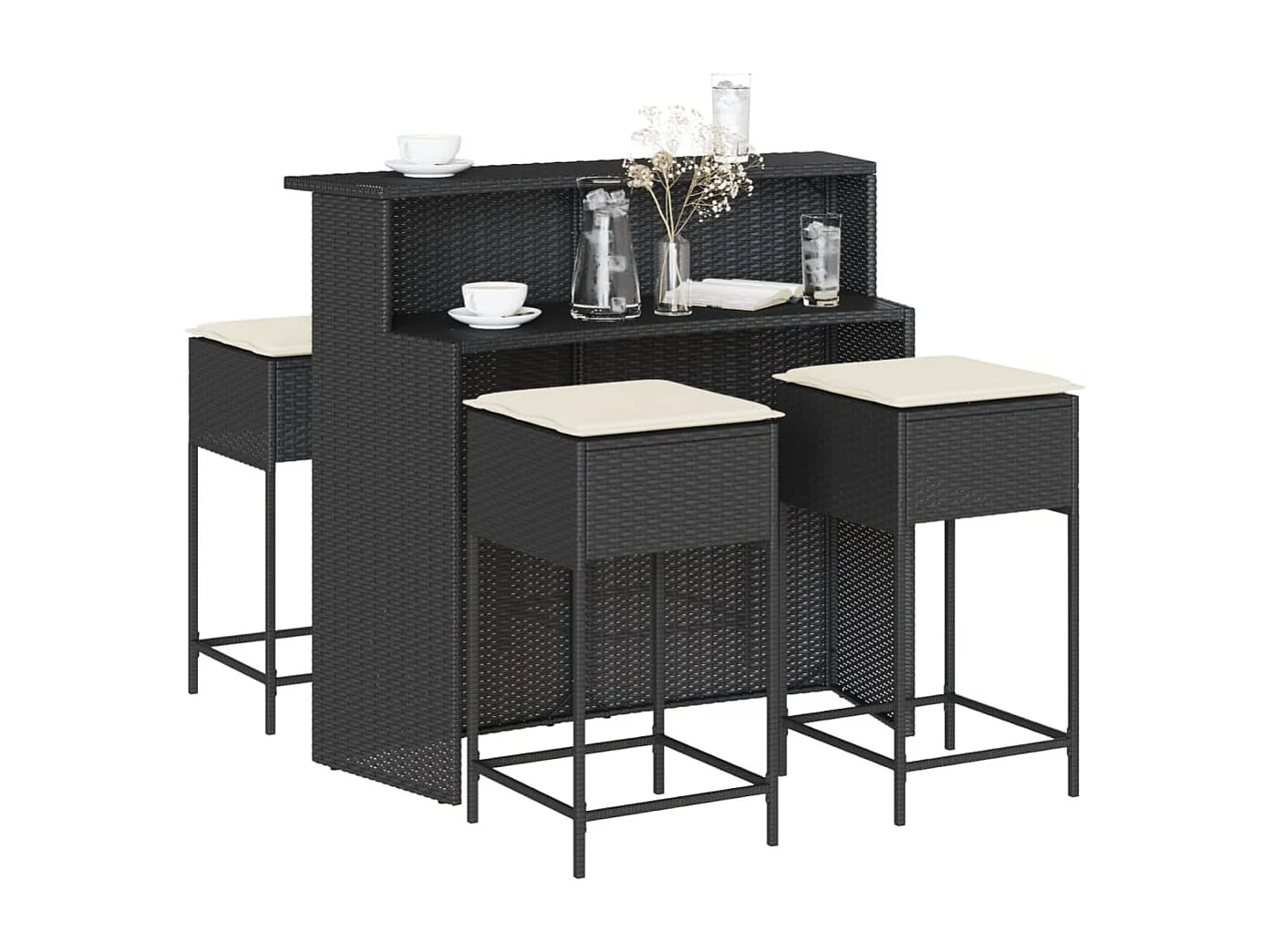 Inarin  Ensemble de bar de jardin 5 pcs avec coussins noir poly rotin