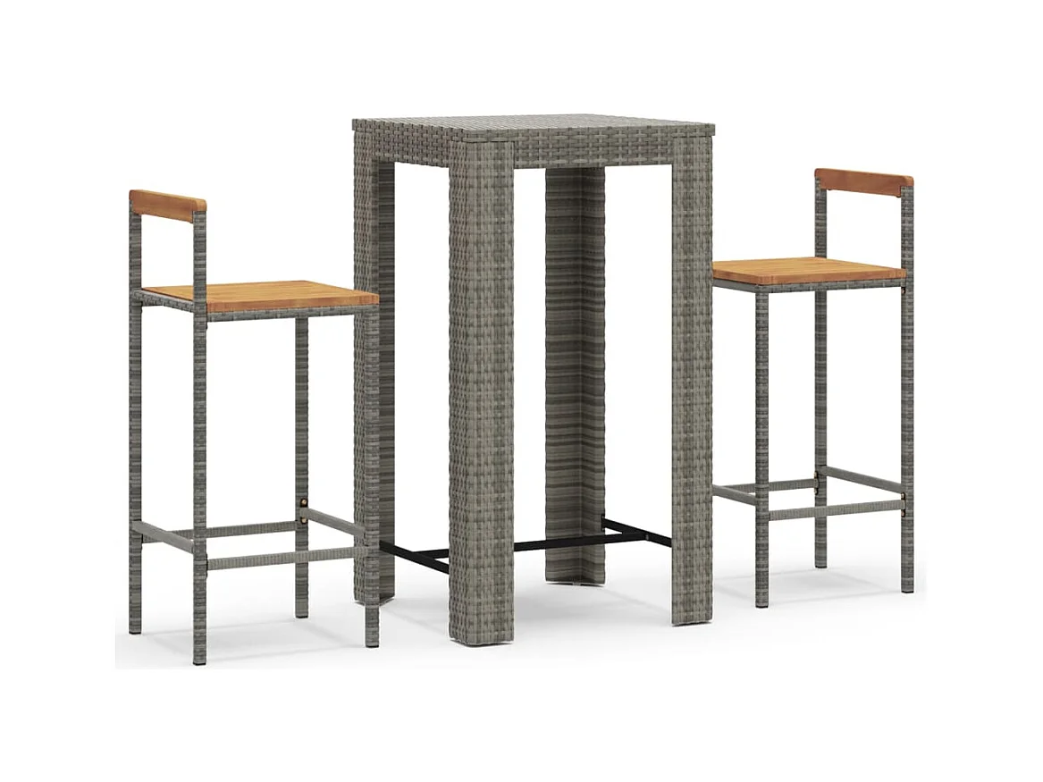 Arvind  Mesa y taburetes altos jardín 3 pzas madera y ratán PE gris