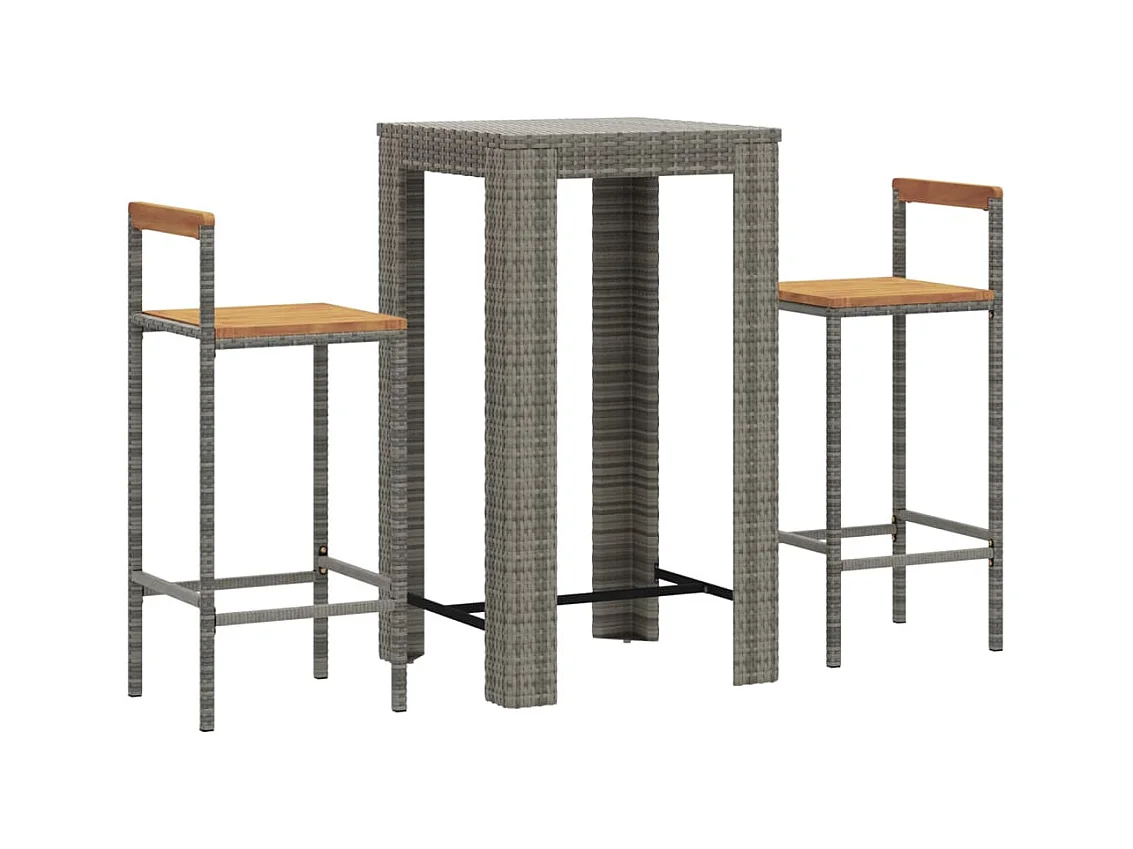 Arvind  Mesa y taburetes altos jardín 3 pzas madera y ratán PE gris