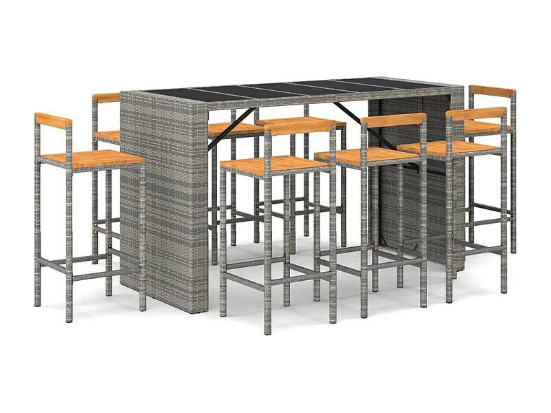 Allouez  9-delige Tuinbarset poly rattan en massief acaciahout grijs