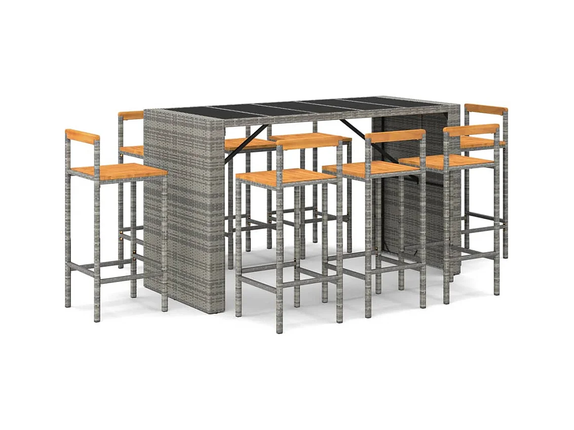 Allouez  9-delige Tuinbarset poly rattan en massief acaciahout grijs