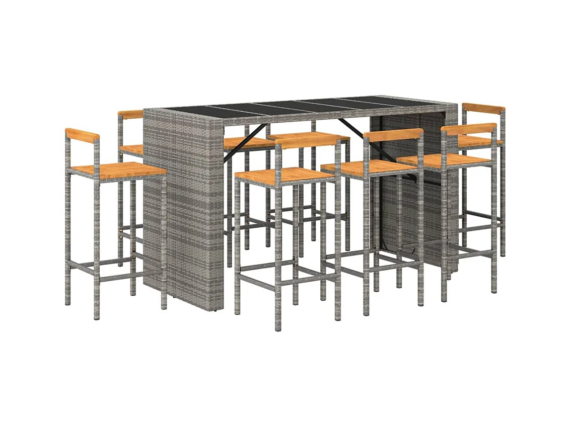 Allouez  9-delige Tuinbarset poly rattan en massief acaciahout grijs