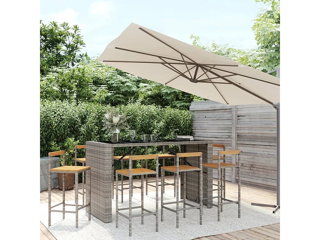 Allouez  Ensemble de bar jardin 9 pcs gris poly rotin/bois massif acacia