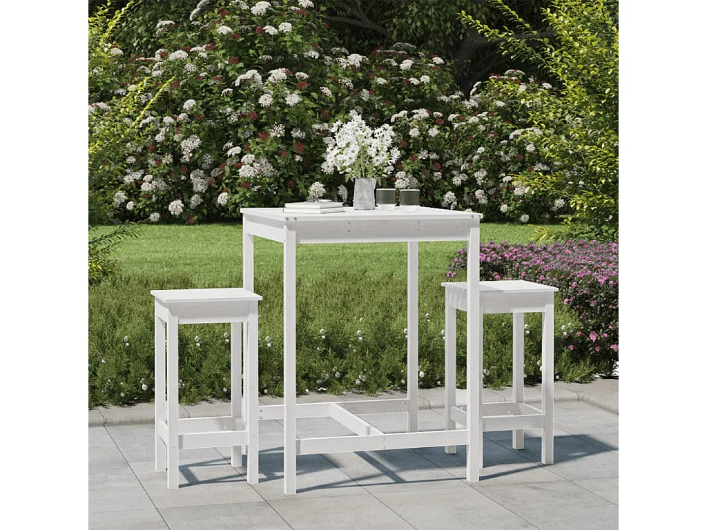 Nysha  Set de mesa y taburetes altos jardín 3 pzas madera pino blanco