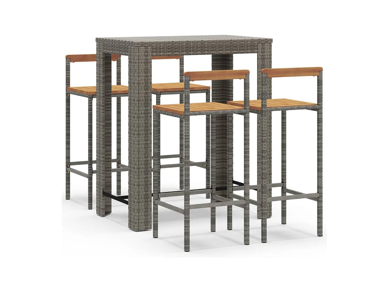 Arvind  Mesa bar y taburetes jardín 5 pzas madera acacia ratán PE gris