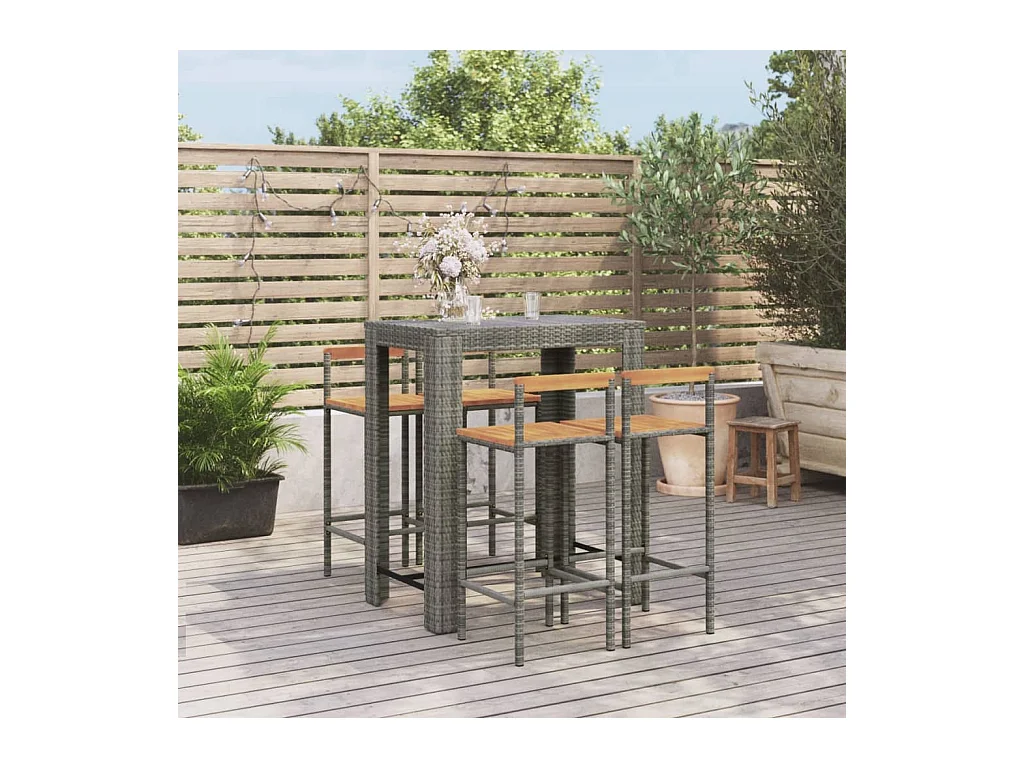 Arvind  Mesa bar y taburetes jardín 5 pzas madera acacia ratán PE gris