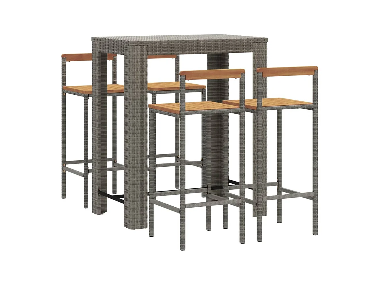 Arvind  Mesa bar y taburetes jardín 5 pzas madera acacia ratán PE gris