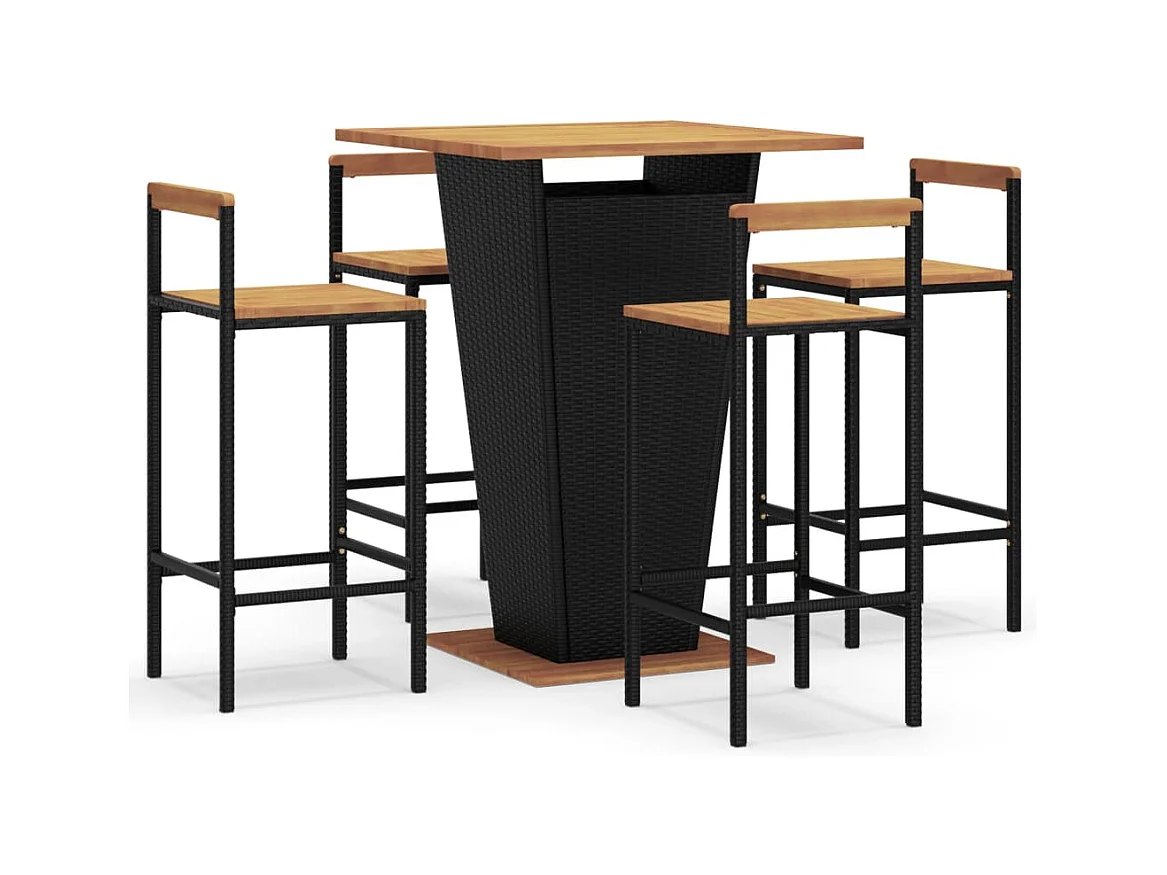 Trinja  Ensemble de bar jardin 5 pcs noir poly rotin/bois massif acacia