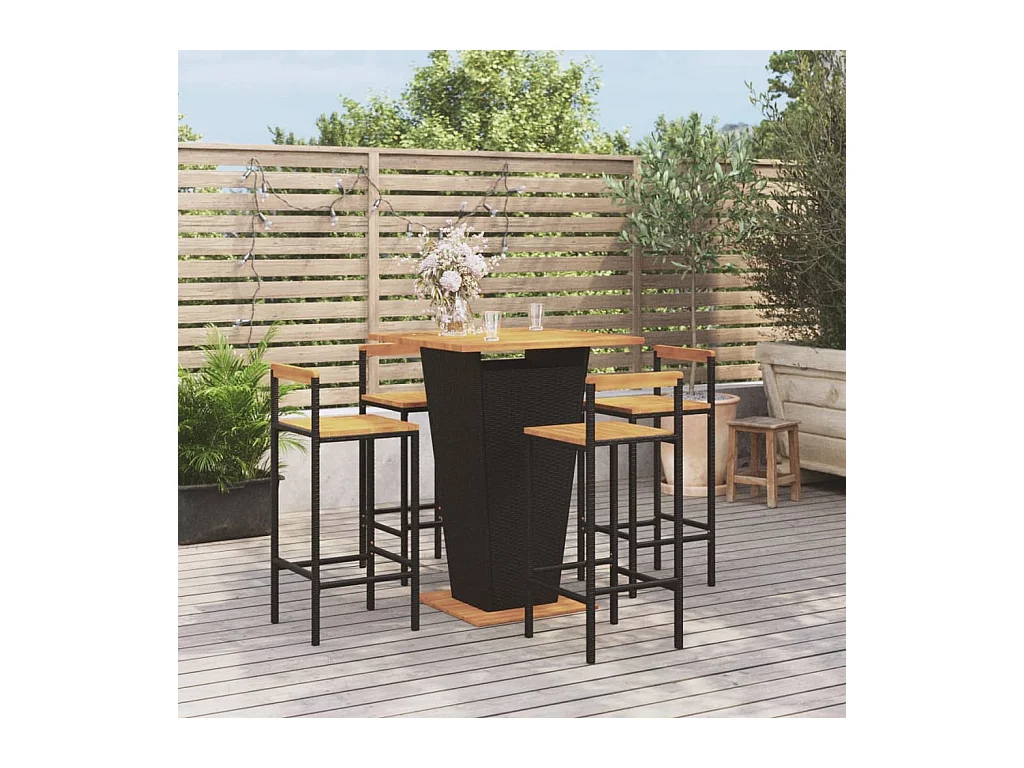 Trinja  Ensemble de bar jardin 5 pcs noir poly rotin/bois massif acacia